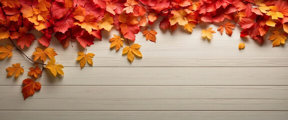 Autumn leaves background. Autumn background with wooden planks. Autumn podium.