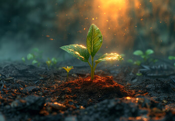 Young plant growing in the morning light and dark background - obrazy, fototapety, plakaty