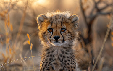 Cheetah cub sitting in the grass and looking at camera