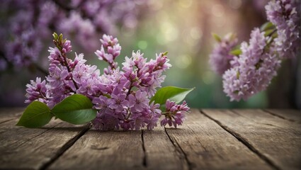 A bunch of fresh purple lilac flowers resting on a worn wooden surface, symbolizing the arrival of spring
