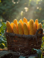 Fototapeta premium Corn cobs in basket. Fresh corn cobs in basket on wooden table