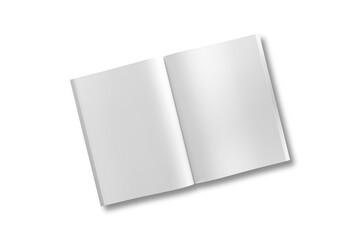 Blank empty white soft cover book or magazine mockup isolated on white background. Open magazine. Catalog, portfolio, menu, brochure mockup template. 3d rendering.