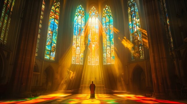 Man Illuminated by Stained Glass Windows in a Cathedral, This image conveys a sense of spirituality, beauty, and reverence