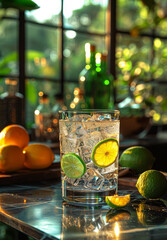 Gin and tonic with lime and orange on bar counter