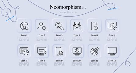 Advertising line icon set. Target audience, video hosting, integration, product placement, mail, monitor, magnifying glass, planet. Neomorphism style. Vector line icon for Business