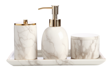 White Marble Bathroom Set With Gold Accents. On a Transparent Background.