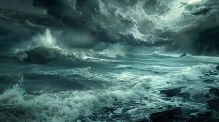 Stormy Ocean in Epic Fantasy Style, To showcase the power and beauty of nature through a stormy ocean scene, suitable for various design concepts