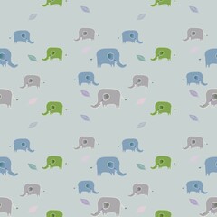 Naive elephants pattern colorful cute seamless  background ,seamless pattern leaves decorative on simple hand drawn Scandinavian doodle style. Nursery pastel concept for baby fabric print,home decorat
