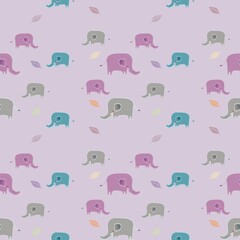 Purple naive elephants pattern colorful cute seamless  background ,seamless pattern leaves decorative on simple hand drawn Scandinavian doodle style. Nursery pastel concept for baby fabric print.