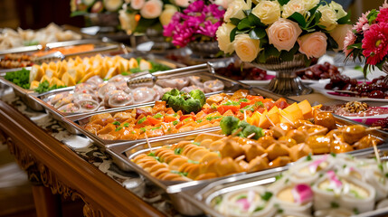Fototapeta premium catering wedding buffet with variety of food snacks and appetizers