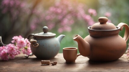 Obraz na płótnie Canvas Traditional ceramic teapots with a small cup, displayed on a wooden surface surrounded by blooming flowers in a garden