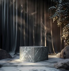 Grey stone cube podium or pedestal set against black curtain with smoke , mock up for product display scene and product presentation
