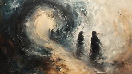Surreal Ocean Walk A Painting of Individuals Walking Through a Stormy Sea, To provide a captivating and surreal image of individuals walking through - obrazy, fototapety, plakaty