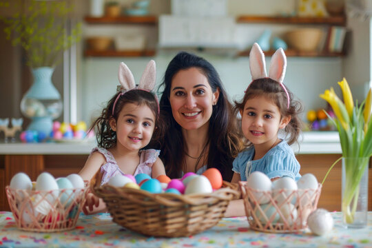 Family celebrating Easter together. Mother and her daughters, all wearing festive bunny ears, celebrating Easter at home.