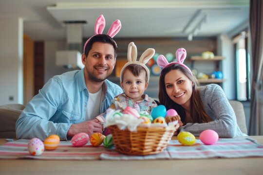 Family celebrating Easter together, all wearing festive bunny ears at home.