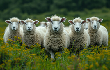 Sheep standing in row and looking at the camera