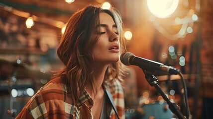 Cool young woman sings with a microphone with a band playing on stage background.