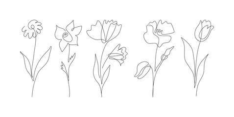 Set of hand drawn one line abstract flower, wedding herb, leave, wildflower for logo or tattoo. Minimal line art drawing for print, cover. Vector illustration