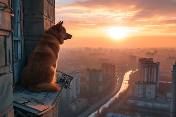 a dog on a tall building in the city - obrazy, fototapety, plakaty