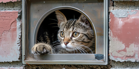 Curious Cat Peering Through Pet Door. A pet hole in an apartment door, a convenient entrance for pet animals. - obrazy, fototapety, plakaty