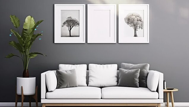 Modern Comfort: A stylish grey sofa positioned against a sleek grey wall, offering a contemporary and inviting space  Seamless looping 4k time-lapse virtual video animation background. Generated AI