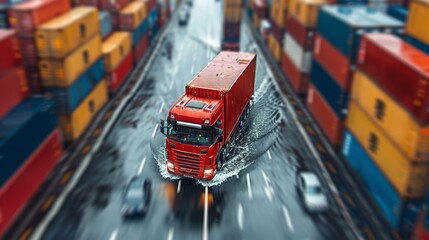  Dynamic shot of a red container truck speeding with motion blur on a rainy day, shipping industry.