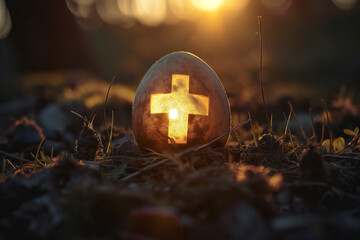 Egg shell with a cross inside, glowing, backlight, Easter religious theme. Generative Ai - 761207371