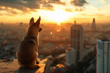 a dog on a tall building in the city - obrazy, fototapety, plakaty