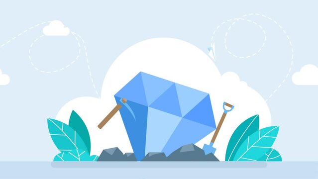 Blue diamond. Shovel and pickaxe with wooden handle for extraction diamonds. Pickaxe, shovel, mining tool, treasure hunting logo or emblem. Isolated on a white background. 2d flat bright animation