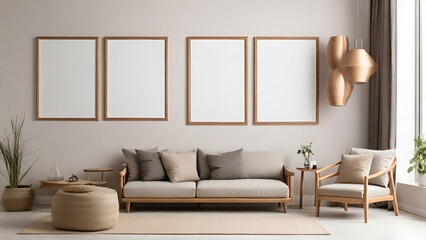 Fototapeta na wymiar Mockup of three empty vertical picture frames in a modern living room - Generative AI