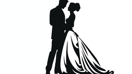 Silhouette of a bride and groom black and white flat