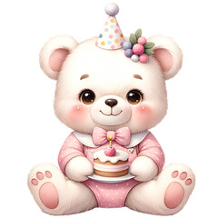 Cute bear is holding a cake 