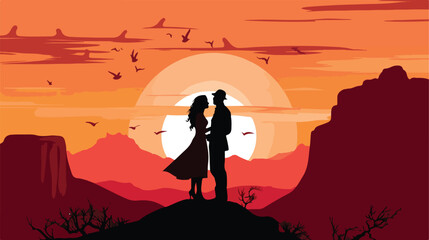 Silhouette of a love couple in mountains on sunset 