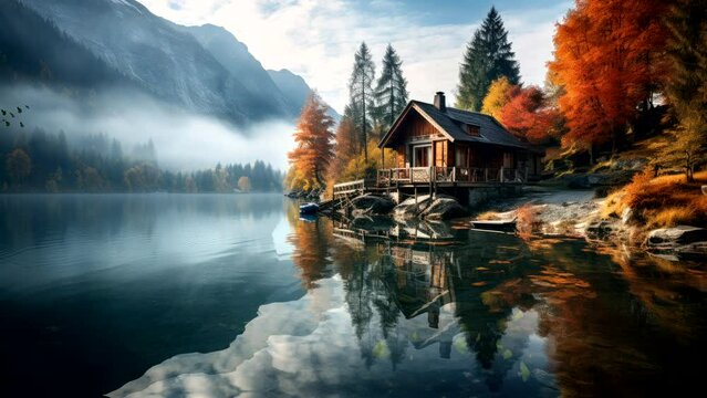 Mountain Lakeside Retreat: A Tranquil House Amidst Towering Peaks and Lush Trees