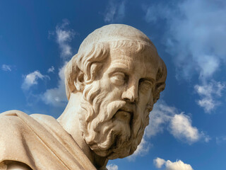 Fototapeta premium Plato, the famous ancient Greek philosopher in thoughtful representation. Marble statue detail.