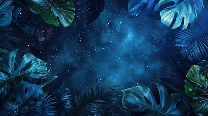 Fototapeta na wymiar Tropical Leaves in Blue Color with Space Background. Foliage, Plant, Night, Sky, Floral, Flora, Tropical, Decor, Decoration, Nature 