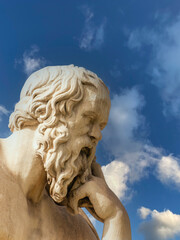 Socrates' marble statue, the famous ancient Greek philosopher, in a thoughtful representation....