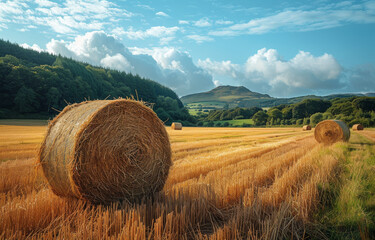 Hay bales in field with hill in the background