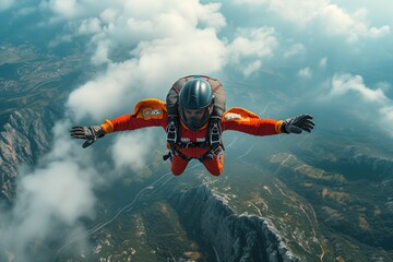 An adrenaline-fueled journey through the sky, as a thrill-seeker leaps into the unknown surrounded by billowing clouds and majestic mountains - obrazy, fototapety, plakaty