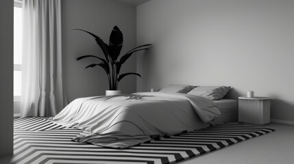 Sleek Monochromatic Bedroom Decor with Potted Plant and Geometric Rug