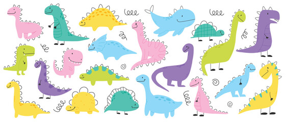 Fototapeta premium Set of cute dinosaurs in scandinavian style. Collection of baby dino isolated on white background. Vector illustration.