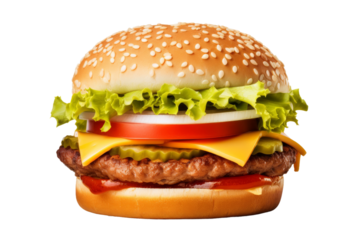 Fresh Hamburger With Lettuce, Tomato, and Cheese. On a Transparent Background.