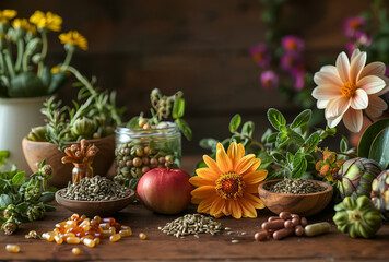 Obraz na płótnie Canvas The natural medicine herbs flowers spices