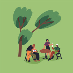 Tiny characters relaxing in park, sitting at table outdoors. Young people, men and women friends talking, drinking, spending time in nature on summer holiday, vacation. Flat vector illustration