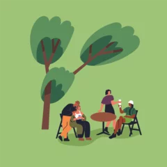 Fototapeten Tiny characters relaxing in park, sitting at table outdoors. Young people, men and women friends talking, drinking, spending time in nature on summer holiday, vacation. Flat vector illustration © Good Studio