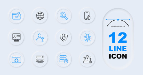 Security line icon set. Smartphone, lock, password, key, corporate email, data, information. Neomorphism style. Vector line icon for Business