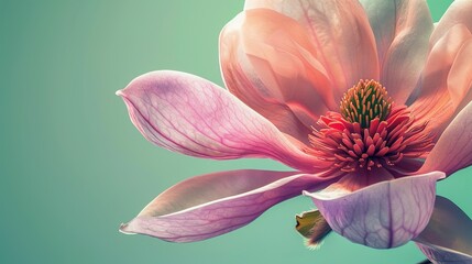A close-up of a magnolia flower, with its large petals and vibrant colors, against a solid green...