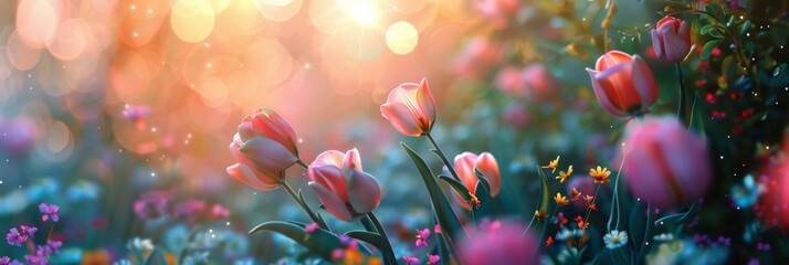 Colorful spring flowers in the garden. Beautiful nature background - obrazy, fototapety, plakaty