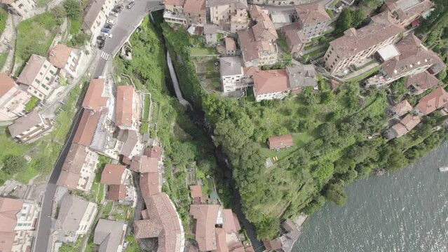 Aerial View Of Nesso Village On Lake Como In Daytime In Italy.