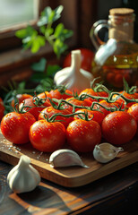 Fresh tomatoes and garlic on wooden table